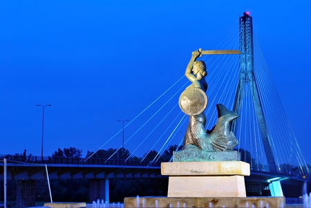 Warsaw, Poland. 22 September 2017. The Warsaw Mermaid near Swietokrzyski bridge over the Vistula riverのeditorial素材