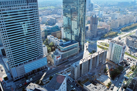 Warsaw, Poland. 30 September 2017. View of skyscrapers and modern architecture from Cosmopolitan apartment buildingのeditorial素材