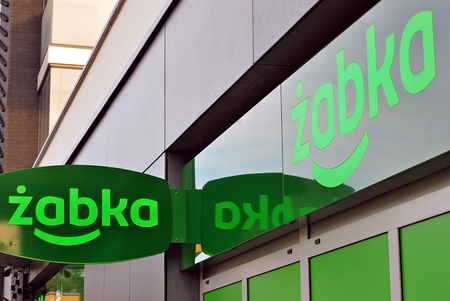 Warsaw, Poland. 2 October 2017. Logo sign of a Zabka grocery storeのeditorial素材