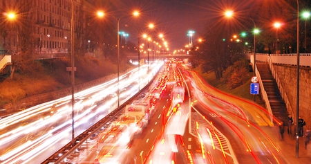 Evening traffic. The city lights. Motion blur.Night traffic jam, Traffic jam in city centerの写真素材