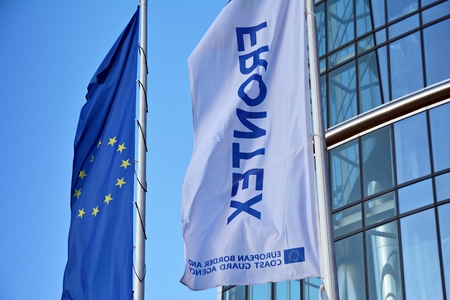 Warsaw, Poland. 13 January 2018. Warsaw Spire. Frontex building. Sign Frontex Office.