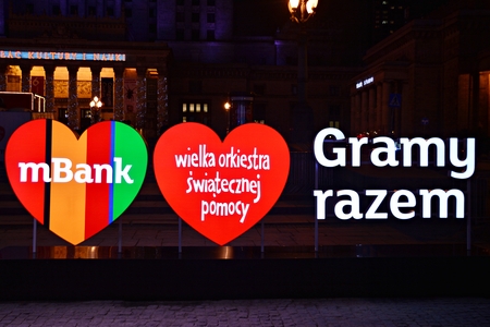 Warsaw, Poland. 13 January 2018. Red heart, a symbol of social charity. The charity campaign of the Great Orchestra of Christmas Charity. Jurek Owsiak.のeditorial素材