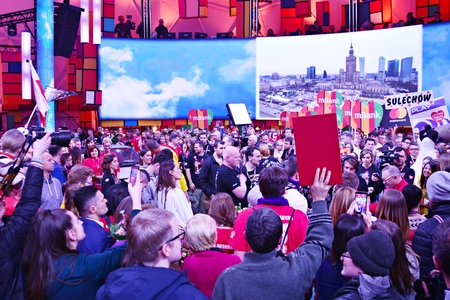 Warsaw, Poland. 14 January 2017. 26th Grand Finale by the Great Orchestra of the Christmas Charity Foundation. The Grand Finale Center is traditionally located on Plac Defilad in front of the Palace of Culture and Science in Warsaw.のeditorial素材