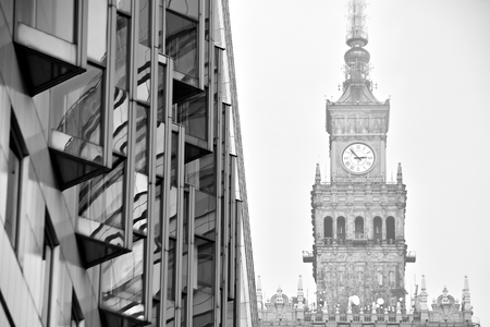 Office building. Business building. Exterior of building. Black and white.