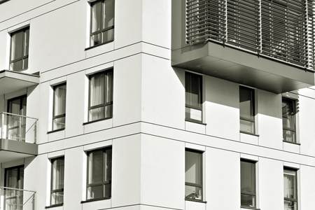 Detail of a new modern apartment building. Black and white.の写真素材