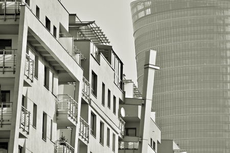 Detail of a new modern apartment building. Black and white.の写真素材
