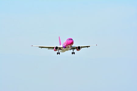Warsaw, Poland. 5 March 2018. Passenger airplane WIZZ AIR just before landing at the Chopin airport.のeditorial素材