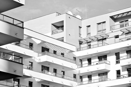 Detail of a new modern apartment building. Black and white.の写真素材