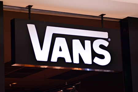 Warsaw, Poland. 16 March 2018. Sign Vans. Company signboard Vans.