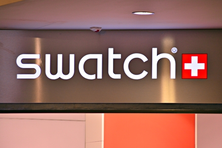 Warsaw, Poland. 17 March 2018. Sign Swatch. Company signboard Swatch.のeditorial素材