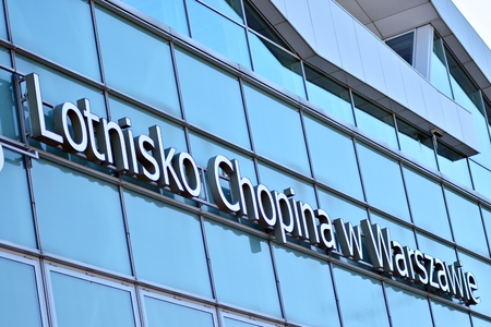 Warsaw, Poland. 18 March 2018. Sign Warsaw Chopin Airport. Company signboard Warsaw Chopin Airport.