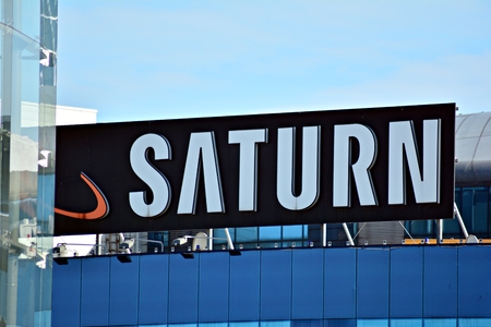 Warsaw, Poland. 19 March 2018. Sign Saturn. Saturn signboard company.のeditorial素材