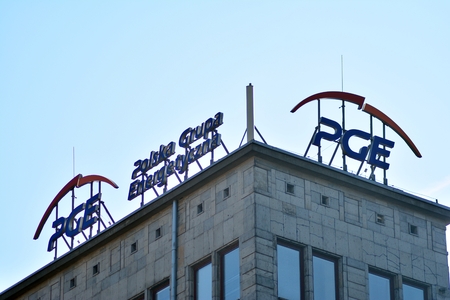 Warsaw, Poland. 25 March 2018. Sign PGE. Company PGE signboard.のeditorial素材