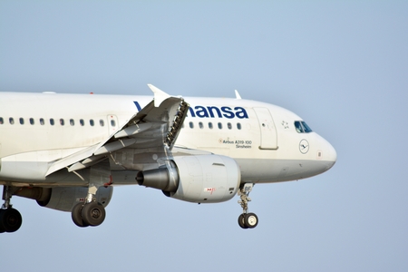 Warsaw, Poland. 25 March 2018. Passenger airplane Lufthansa just before landing at the Chopin...
