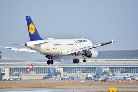 Warsaw, Poland. 25 March 2018. Passenger airplane Lufthansa just before landing at the Chopin...