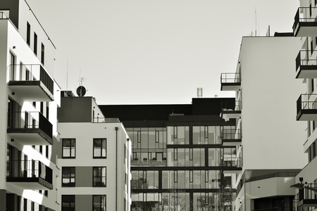 Modern apartment building exterior. Black and white.の写真素材