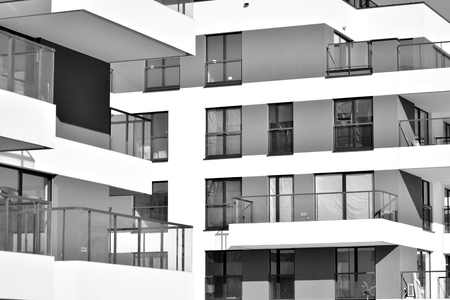 Modern apartment building exterior. Black and white.の写真素材