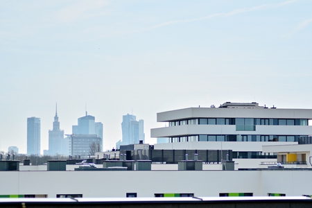 Warsaw, Poland. 4 April 2018. Aerial view downtown business skyscrapers, city center. Warsaw...