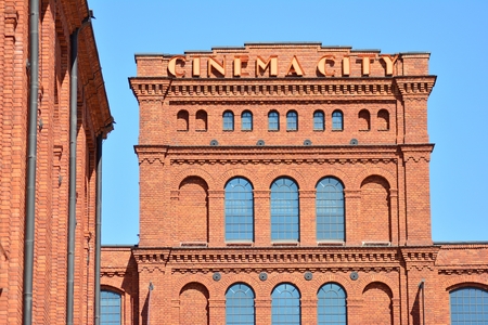 Lodz, Poland. 7 April 2018, Sign Cinema City. Company signboard Cinema City.のeditorial素材