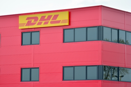 Warsaw, Poland. 15 April 2018. Sign DHL. Company signboard DHL.のeditorial素材