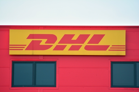 Warsaw, Poland. 15 April 2018. Sign DHL. Company signboard DHL.のeditorial素材
