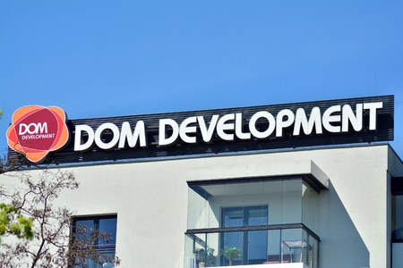 Warsaw, Poland. 20 April 2018. Sign Dom Development. Company signboard. House Devrlopment.のeditorial素材