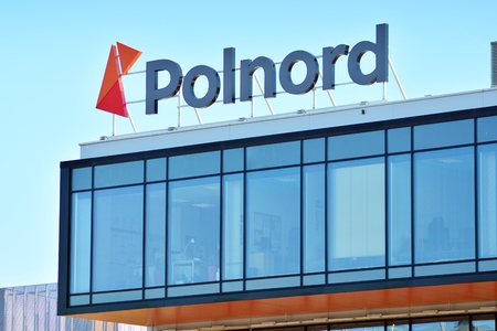 Warsaw, Poland. 20 April 2018. Sign Polnord. Company signboard Polnord.のeditorial素材