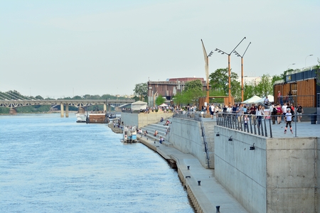 Warsaw, Poland. 30 April 2018. Vistulan Boulevards on the western side of the Vistula River in Warsaw. The promenade at the bank of the Vistula riverのeditorial素材