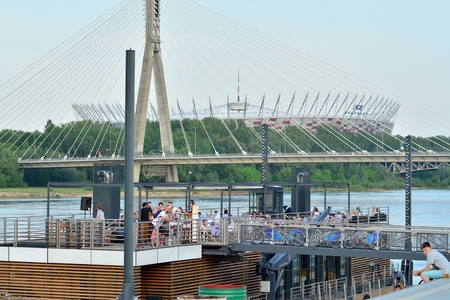 Warsaw, Poland. 30 April 2018. Vistulan Boulevards on the western side of the Vistula River in Warsaw. The promenade at the bank of the Vistula riverのeditorial素材