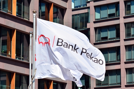 Warsaw, Poland. 28 May 2018. Sign Bank Pekao. Company signboard Bank Pekao.