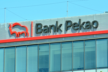 Warsaw, Poland. 28 May 2018. Sign Bank Pekao. Company signboard Bank Pekao.のeditorial素材
