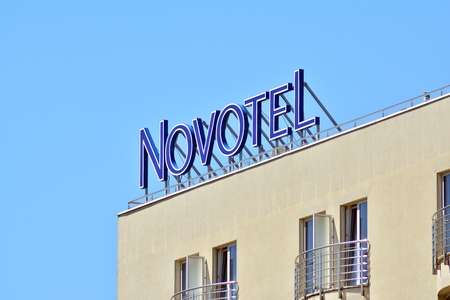 Warsaw, Poland. 28 May 2018. Sign Novotel. Company signboard Novotel.のeditorial素材