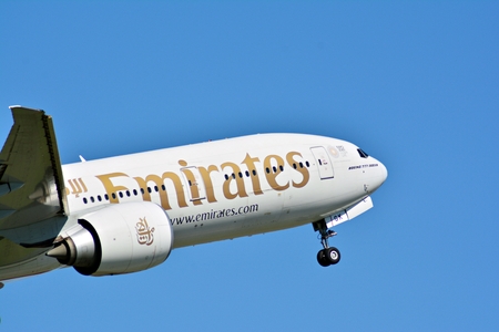 Warsaw, Poland. 28 May 2018. Passenger airplane A6-EGK - Boeing 777-31H (ER) - Emirates is flying from the Warsaw Chopin Airport runwayのeditorial素材
