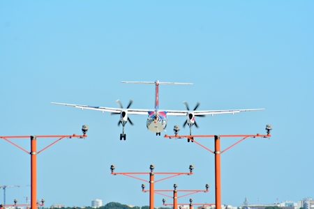 Warsaw, Poland. 28 May 2018. Passenger airplane LOT Polish Airlines just before landing at the...