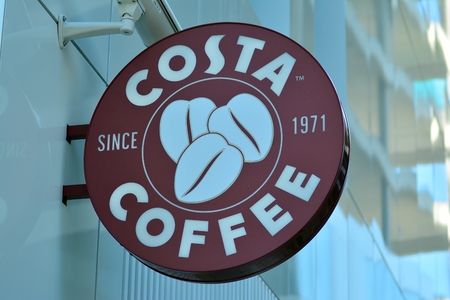 Warsaw, Poland. 8 June 2018. Sign Costa Coffee. Company signboard Costa Coffee.のeditorial素材