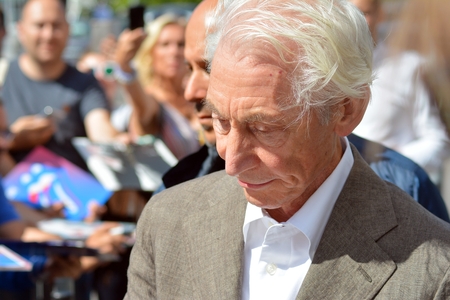 Warsaw, Poland. 9 July 2018. Charlie Watts, musician of the legendary Rolling Stones team during a meeting with fans. Just before departure after the concert in Warsawのeditorial素材