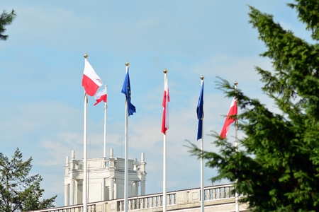 Warsaw, Poland. 20 July 2018. Polish Parliament over skyのeditorial素材