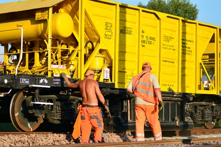 Warsaw, Poland. 23 July 2018. Construction train. Construction of the railway at the Warsaw Wola...