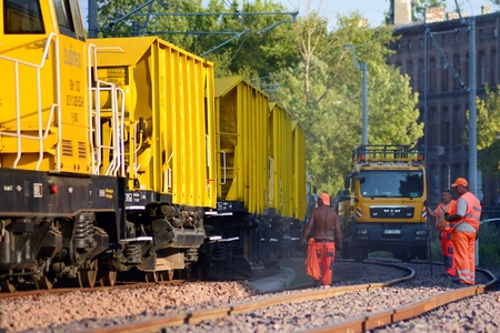 Warsaw, Poland. 23 July 2018. Construction train. Construction of the railway at the Warsaw Wola station.のeditorial素材