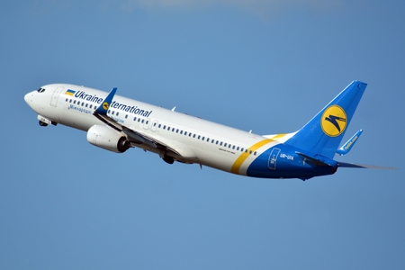 Warsaw, Poland. 24 July 2018. Airplane UR-UIA Ukraine International Airlines Boeing 737-8KV (WL)...