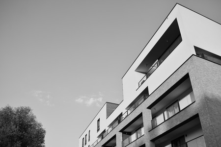 Modern apartment buildings. Facade of a modern apartment building. Black and white.の写真素材