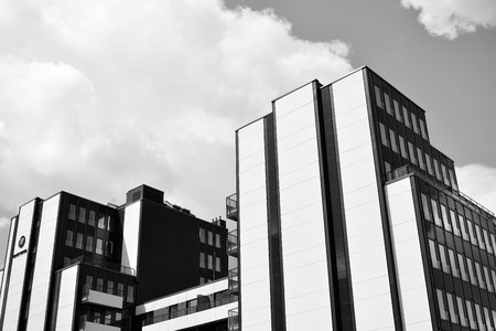 Modern apartment buildings. Facade of a modern apartment building. Black and white.