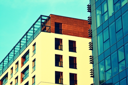 Modern apartment building exterior. Retro colors stylization