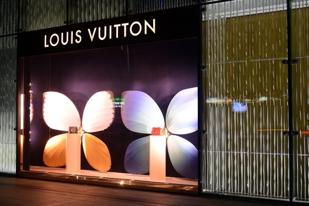 Warsaw, Poland. 16 September 2018. Sign Louis Vuitton. Company signboard Louis Vuitton.
