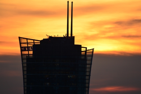 Warsaw, Poland. 17 September 2018. Aerial view of Warsaw. Top of the high-rise office building Warsaw Spire.のeditorial素材