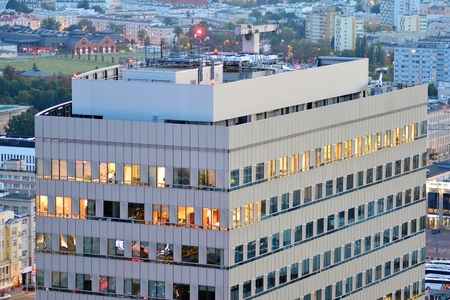 Warsaw, Poland. 17 September 2018. Aerial view of Warsaw. Downtown Warsaw at night.のeditorial素材