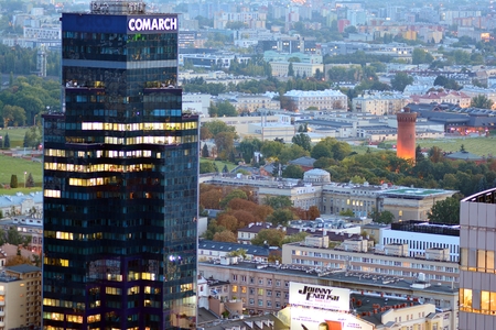 Warsaw, Poland. 17 September 2018. Aerial view of Warsaw. Downtown Warsaw at night.のeditorial素材