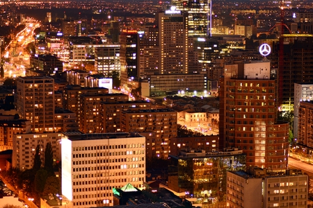 Warsaw, Poland. 17 September 2018. Aerial view of Warsaw. Downtown Warsaw at night.のeditorial素材