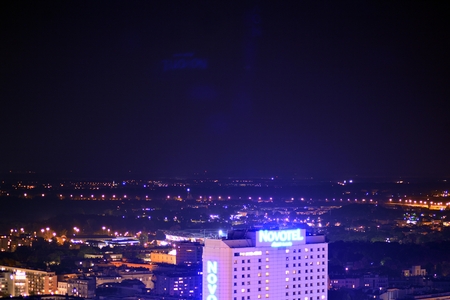 Warsaw, Poland. 17 September 2018. Aerial view of Warsaw. Downtown Warsaw at night.のeditorial素材