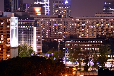 Warsaw, Poland. 21 September 2018. Aerial view of Warsaw. Downtown Warsaw at night.のeditorial素材